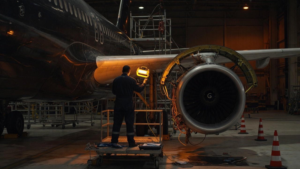 Night hangar: technician inspecting an engine bay with an electric work lamp. No open flame.